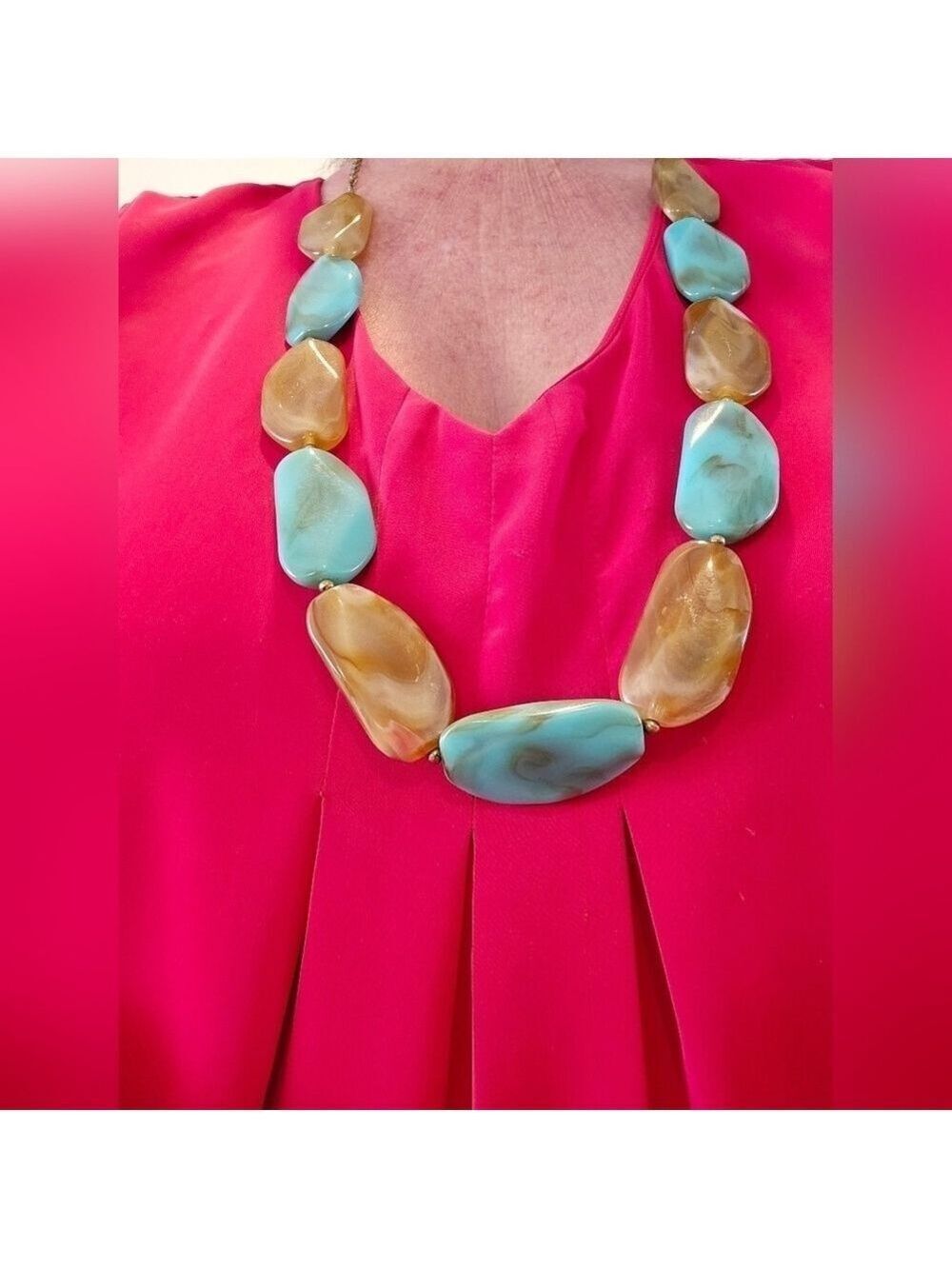 BEAUTIFUL NECKLACE TURQUOISE & BROWN TONES FAUX STONES NECKLACE